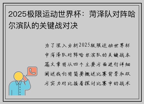 2025极限运动世界杯：菏泽队对阵哈尔滨队的关键战对决