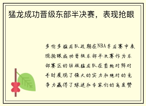 猛龙成功晋级东部半决赛，表现抢眼